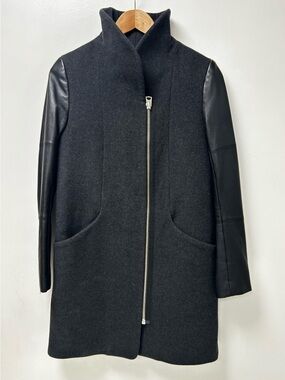 Wilfred Aritzia Wool Cashmere Coat Black Leather Sleeve Zip Front Jacket Size XS